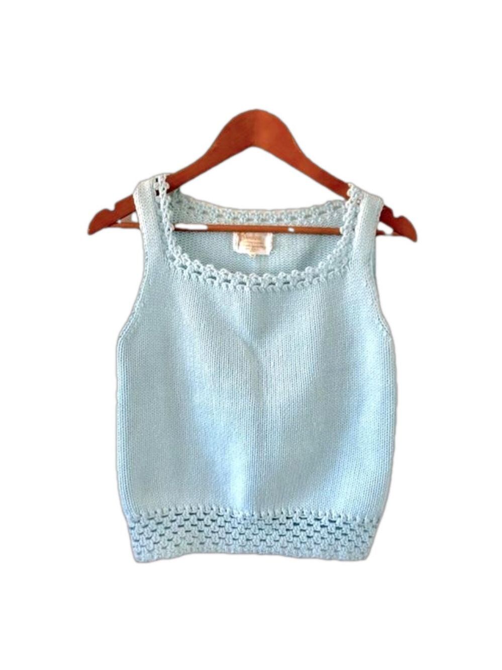 Vintage cottagecore cropped sweater tank blue crochet trim size 38 by Broadway